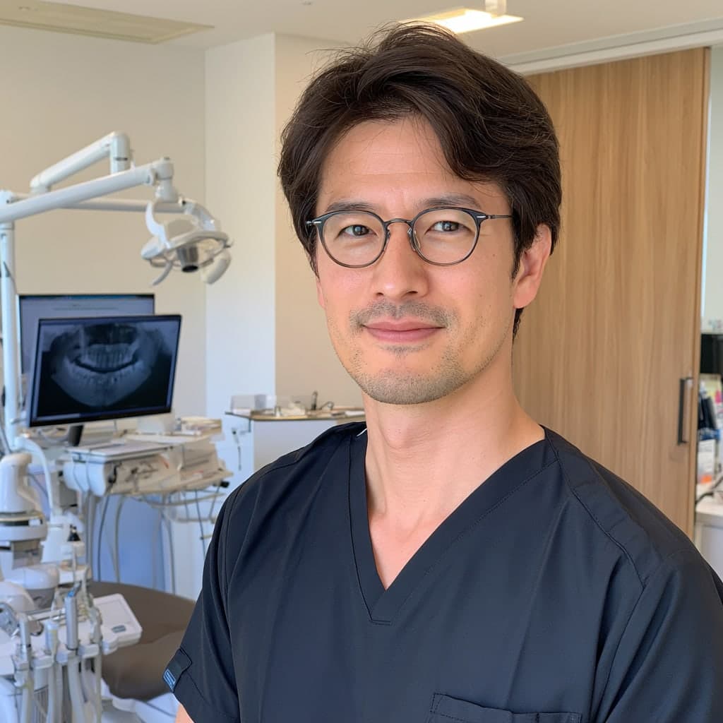 スクラブを着た院長の上半身の写真。診療室で、背後に診療台とパノラマエックス線画像を映したモニタが見えている。